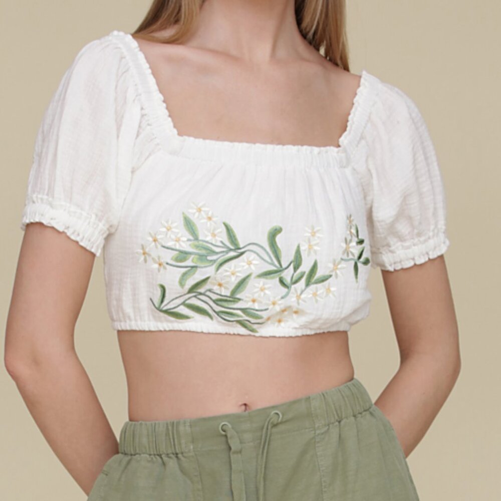 Aves Les Filles White Green Embroidered Boho Chic Cotton Crop Top sz  XL NWT